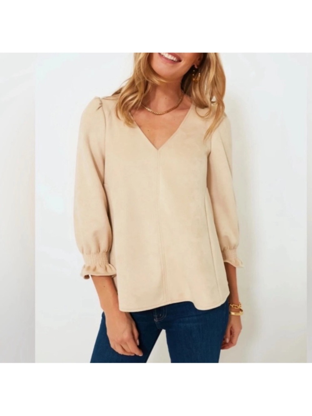Tuckernuck Easton Suede V-Neck Ruffle Cuff Blouse Fall Top